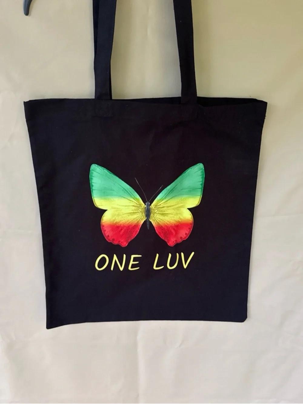 Black Tote Bag with Green-Yellow-Red Butterfly